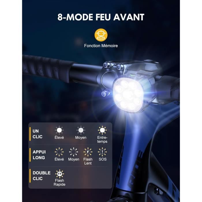 Kit éclairage Vélo Babacom – Spot + Faisceau Large, Rechargeable USB, 8+7 Modes, étanche IP65