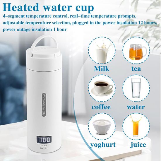 Mini Bouilloire Électrique De Voyage 450 Ml 300W - 3 En 1 : Bouilloire + Bouteille Thermos + Tasse (Blanc)