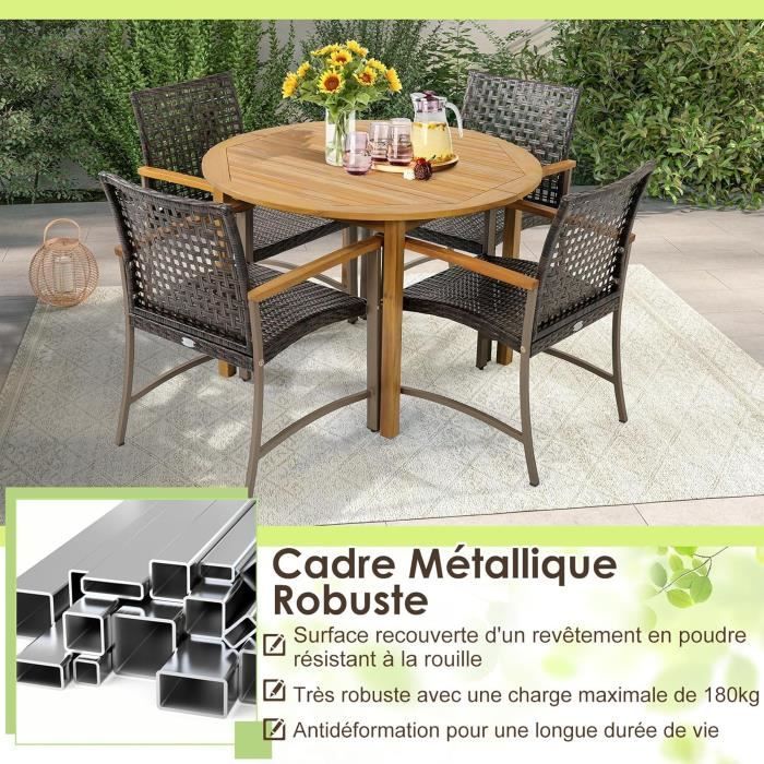 Lot De 4 Chaises De Jardin Pliables En Rotin – Structure Métal, Accoudoirs En Acacia – Charge 180 Kg – Dimensions 64x65x88 Cm
