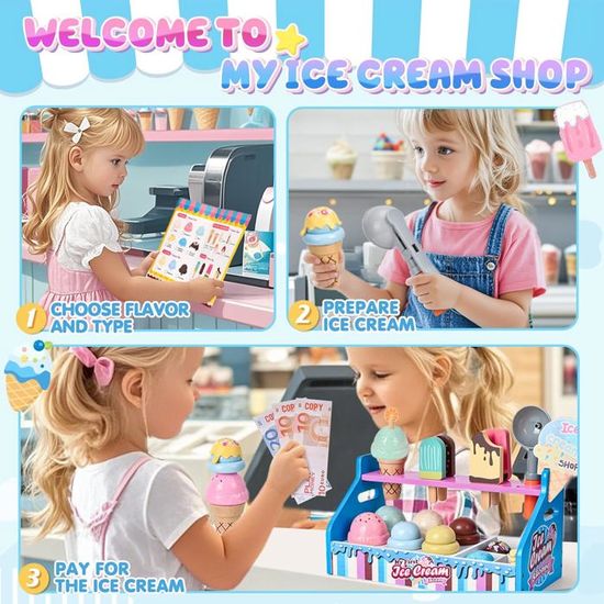 Glacier En Bois Pour Enfant, Stand De Glace 3 En 1 Avec Menu Et Argent De Poche, Accessoire Cuisine, Jeu De Rôle Éducatif Garçons Filles De 3 à 6 Ans