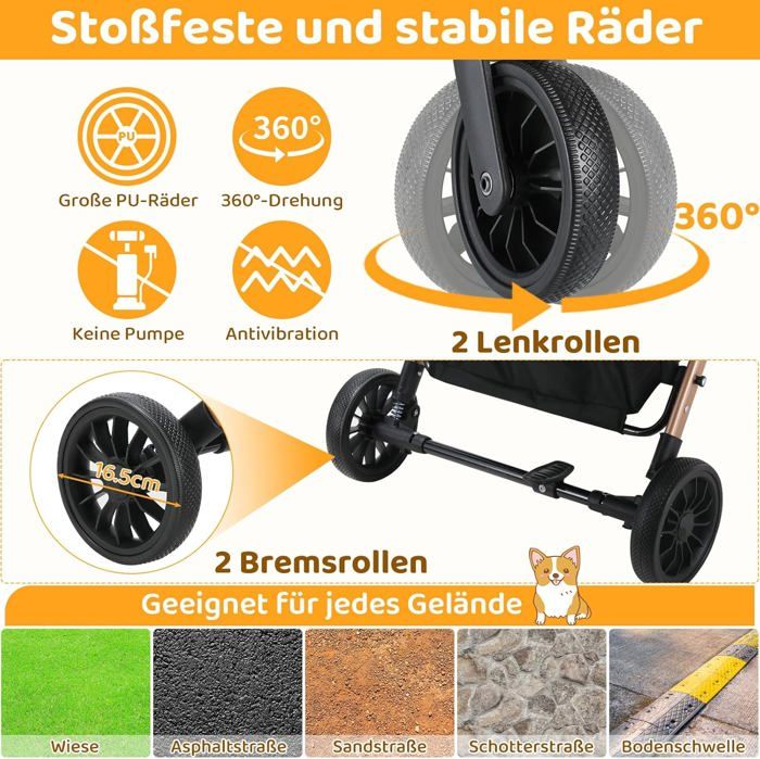Poussette Pour Chien 3 En 1 Double Niveau - Pour Chiens Jusqu'à 35 Kg - Pliable - Roues Pivotantes - Noire - 9