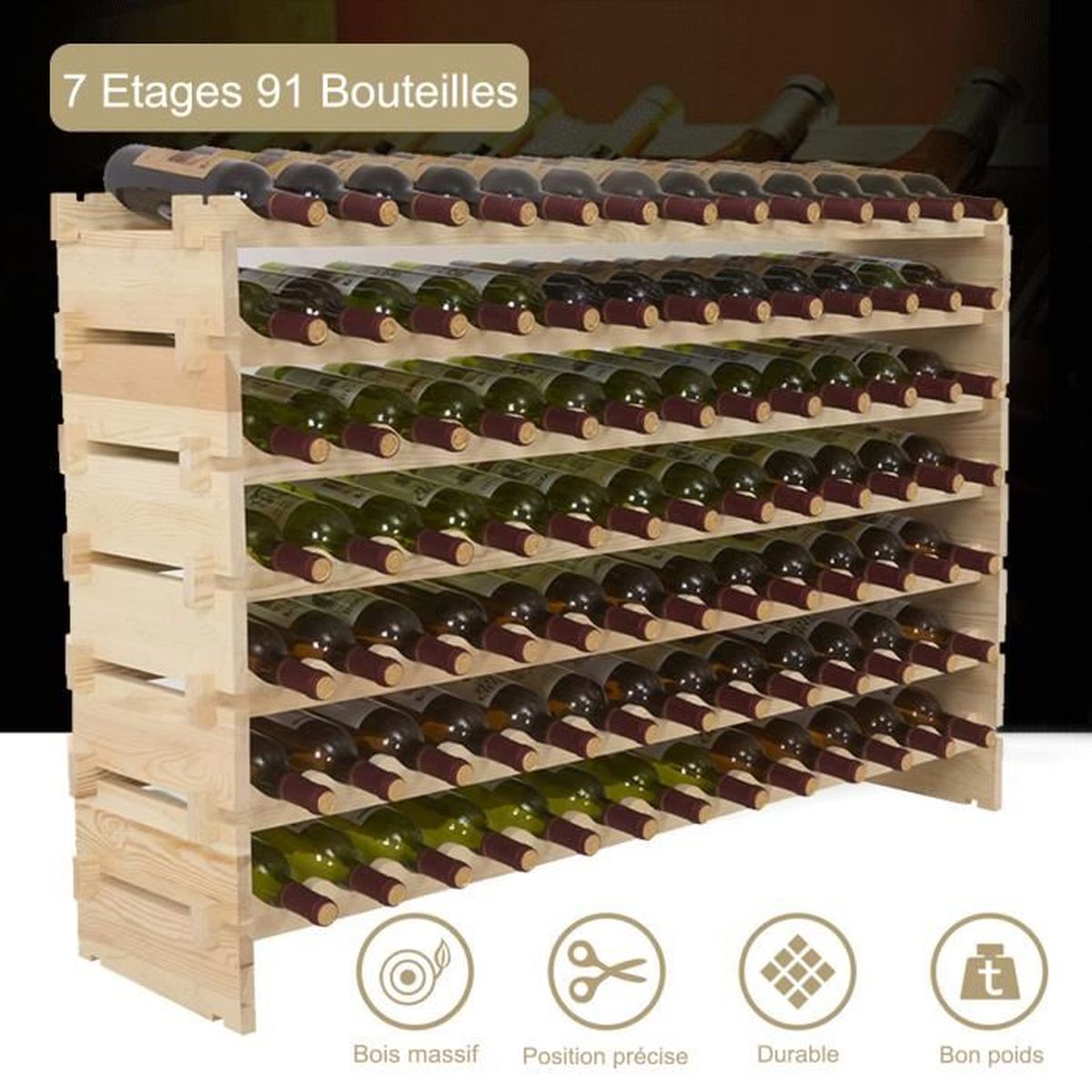 Ubonheur 91 Bouteilles Casier à Vin Etagère 7 Etages De 13 Bouteilles En Bois 130x30x82cm