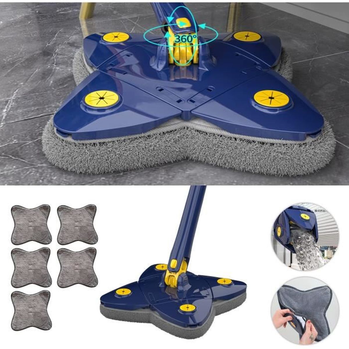 Balai Rotatif 360° Avec Manche Télescopique (78-170cm) - Pour Sols, Murs, Vitres Et Voiture - Nettoyage Humide Et Sec