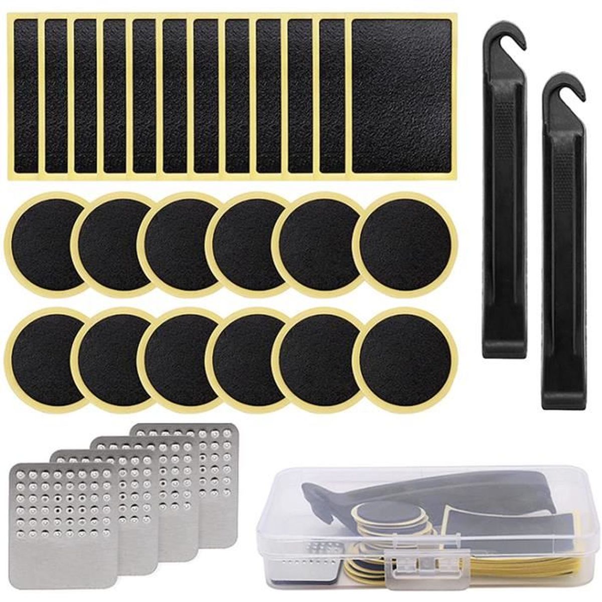 MUNSKT Kit De Réparation Pneus Vélo Complet - 14 Rustines Sans Colle + 3 Leviers + Gants + Sac