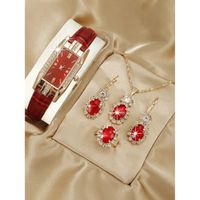 Ensemble 5 pcs Montre luxe femme carré cuir parure Rouge bijoux collier boucle d oreilles cadeau idéal