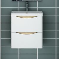 Meuble de salle de bain moderne sans poignées Blanc et bois avec vasque intégrée 50cm