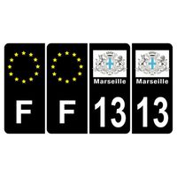 Lot de 4 Autocollants Stickers plaque d'immatriculation voiture 13 blason Marseille Noir Logo Couleur & F Europe