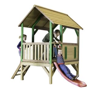 MAISONNETTE EXTÉRIEURE AXI Akela Maison Enfant avec Toboggan rouge | Aire de Jeux pour l'extérieur en marron & vert | Maisonnette / Cabane de Jeu en Bois