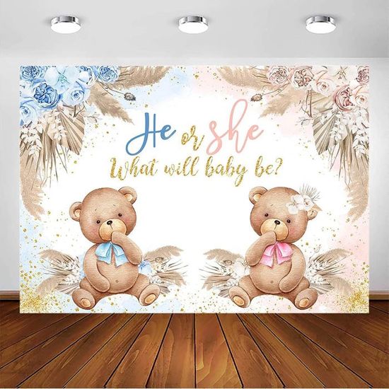 Toile De Fond Révélation Sexe Bébé "He Or She" - 1.5x0.9m, Impression Haute Résolution, Design Ours