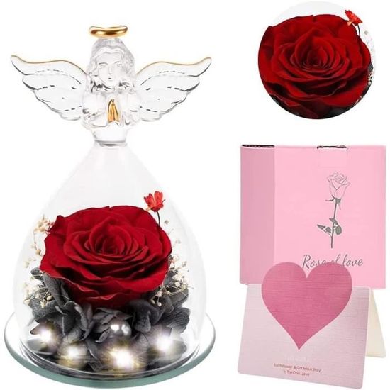 Rose éternelle Sous Cloche Ange - Fleur Préservée Naturelle - Cadeau Pour Maman, Femme, Amie - Noël, Fête Des Mères, Saint-Valentin