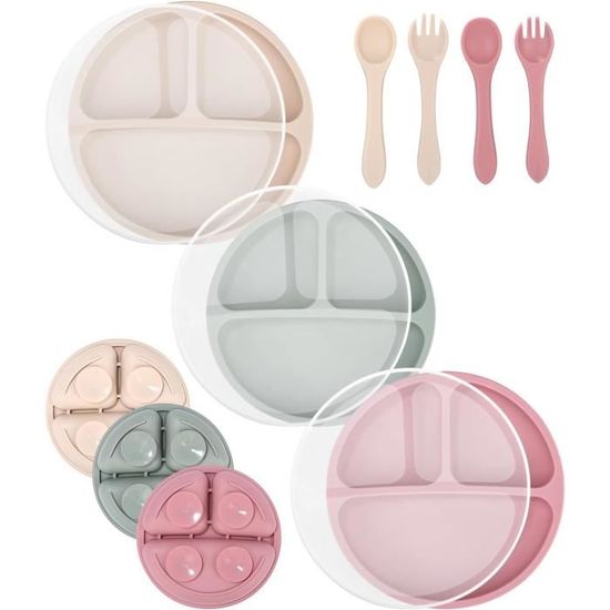 Lot De 3 Assiette Ventouse Pour Bébé, 3 Couvercles, 1Cuillères, 1