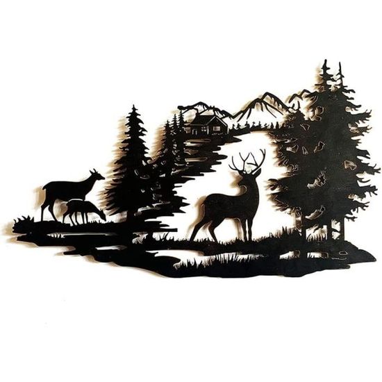 Art Mural en Métal,Scène Woodland Deer Scène Métal Art Mural, Scène De La Forêt De Montagne Décor Mural, Sculpture Murale 24x 40cm