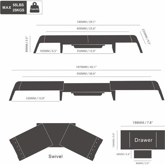 Réhausseur D'Écran Bureau Avec 2 Tiroirs Acrylique - Support Double Moniteur Jusqu'à 45kg - 108x23.5x14cm