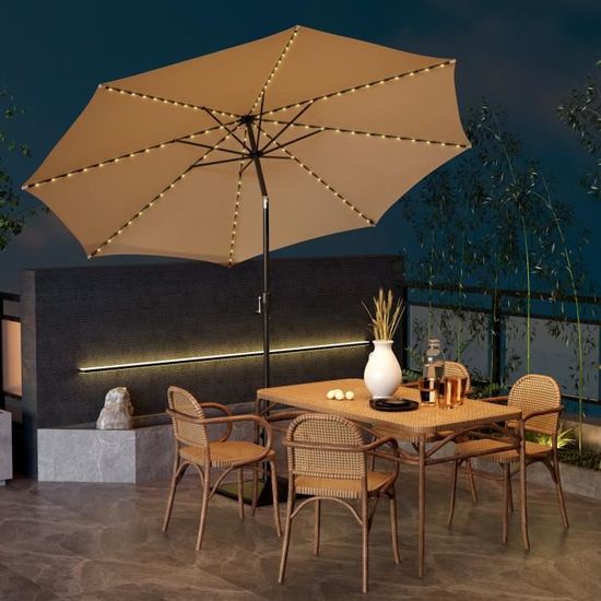 Parasol Déporté GOPLUS 3m Avec LED Solaire - Inclinable à Manivelle - Base Croisée - Pour Terrasse/Jardin