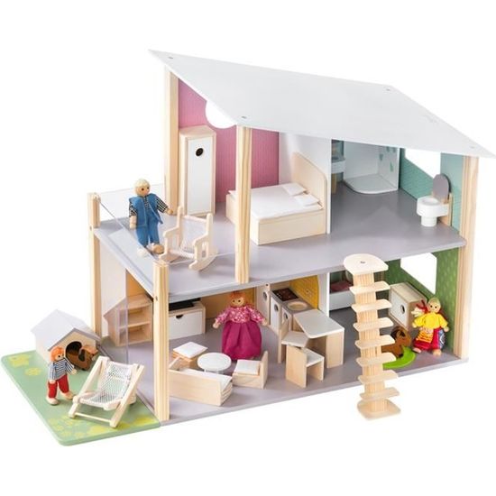 howa Maison de poupée en bois avec 23 jeu de meubles, 4 poupées et un chien 7015