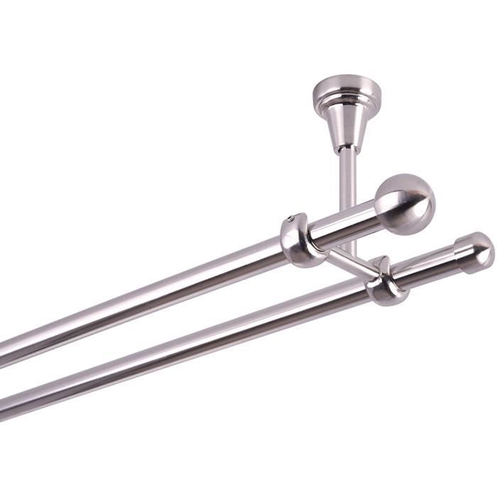 Tringle Acier Inoxydable 19mm Tringle à Rideaux Double 19 Mm Aspect Inox - Avec Embouts Cristal - Supports Muraux Inclus Supports Mur Distance 20cm