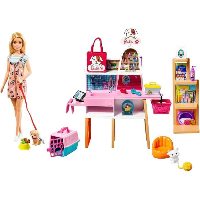 Barbie Mobilier coffret poupée et son animalerie, 4 figurines animaux et accessoires inclus, jouet pour enfant, GRG9015
