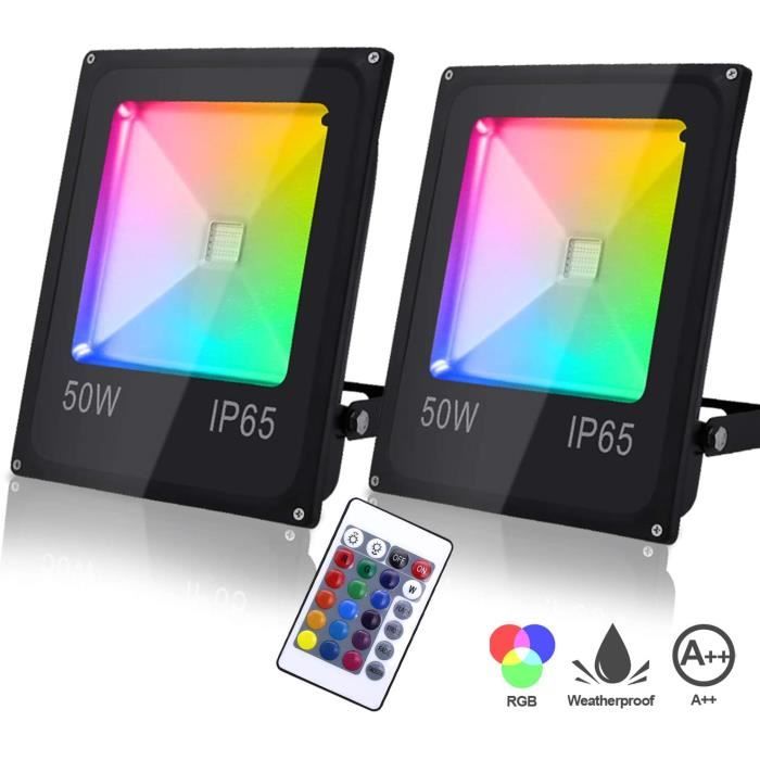 VINGO Lot de 2 Projecteurs LED Couleur 50W IP65 Etanche Spot Lampe RGB Multicolore Réglable 16 Couleurs 4 Modes Lampe Décoration Po