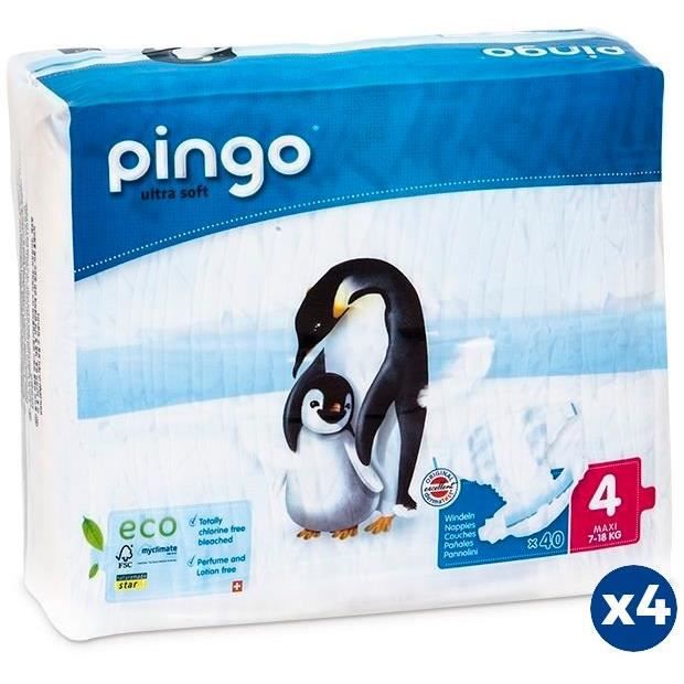 PINGO - Couches Ecologiques taille 4 - 7 à 18 kg - 160 couches - Pack 1 mois