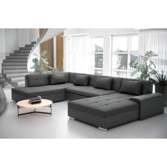 LIBERTIS - Canapé D'angle En U Convertible Tissu Gris Angle Gauche