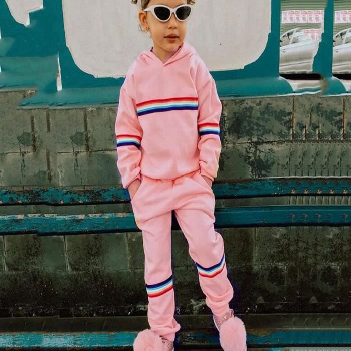 Infantile bébé enfants filles arc-en-ciel rayé hauts imprimés pantalons de survêtement tenues 100