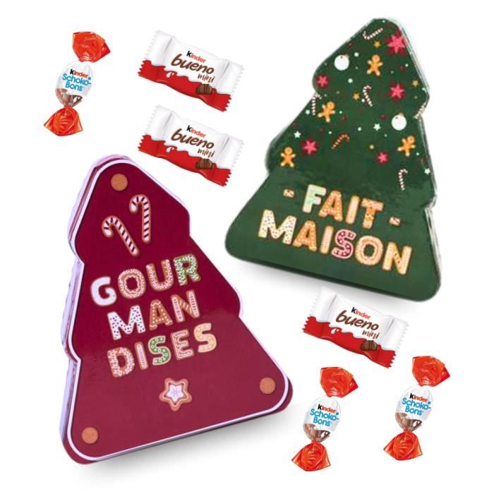 2 sapins rouge et vert garnis de chocolats de Noël et KINDER schokobons