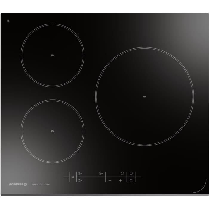 Table de cuisson induction ROSIERES - 3 foyers - 7100 W - L 59 x P 52 cm - Revêtement verre - Noir - RPI2S0