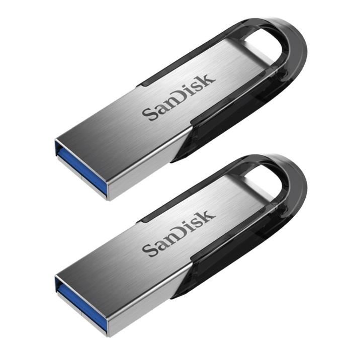 2pcs SanDisk Ultra Flair 128 Go Clé USB 3.0 dotée d'un corps épuré en métal 150 Mo/s - Noire