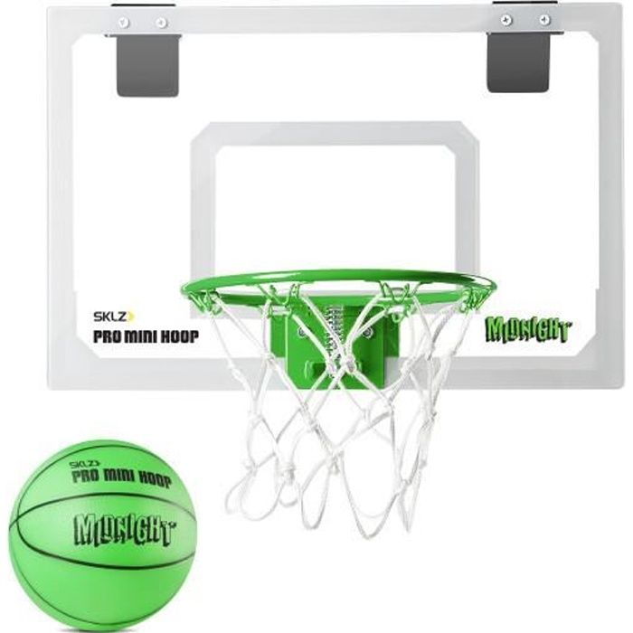 Panier de basket phosphorescent SKLZ Pro Mini Hoop Midnight, à suspendre à une porte pour jouer dans le noir, avec ballon en mousse