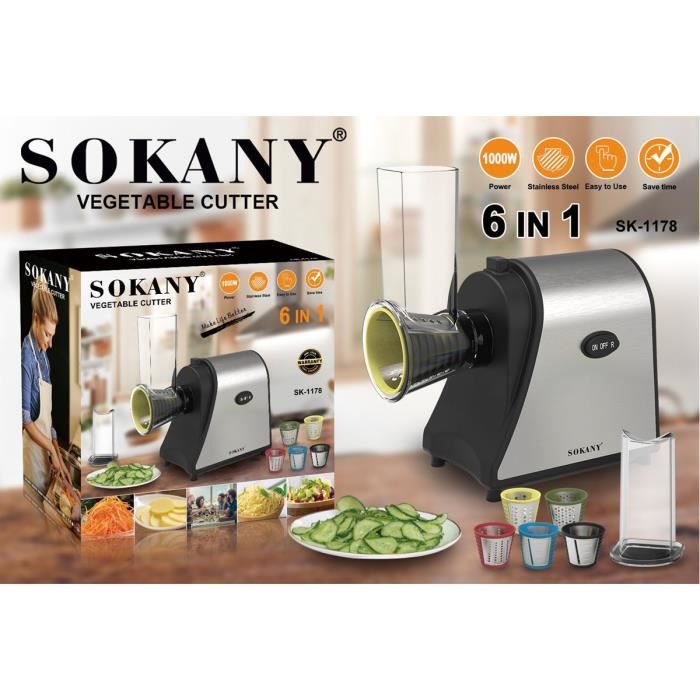 SOKANY Râpe electrique Multifonction 1000W 5 Cônes - Robot Trancher Emincer Râper Gratter Couper Légumes