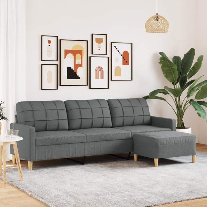 vidaXL Canapé à 3 places avec repose-pieds Gris foncé 210 cm Tissu 3278250