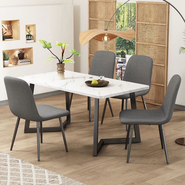 Ensemble Table à Manger 5 Pièces - Table Ronde 100 Cm Marbre Blanc, Chaises Velours Gris - Moderne - 5
