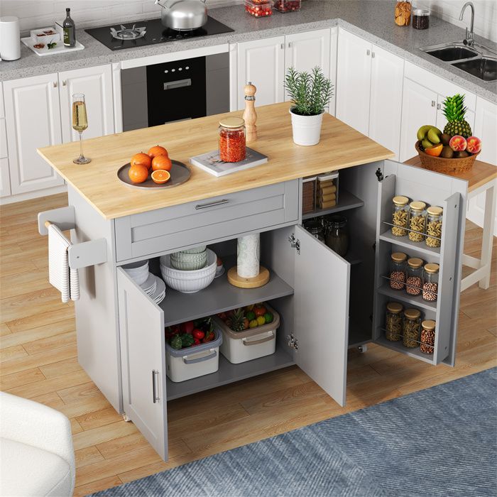 Ilot Central Cuisine avec Rangement et Plan de Travail Pliable Desserte Ilot à RoulettesFinition Bois de ChêneGris132.5x44x90cm