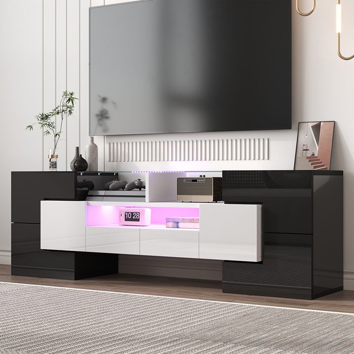 Meuble TV meuble bas brillant éclairage LED - SWEIKO - Blanc+Noir Meuble TV meuble bas brillant éclairage LED - SWEIKO - Blanc+Noir