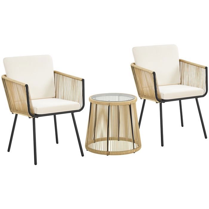 Yaheetech Ensemble Bistro Salon de Jardin en Osier avec Fauteuils Coussins Table Basse Plateau Verre Trempé Kaki/Crème