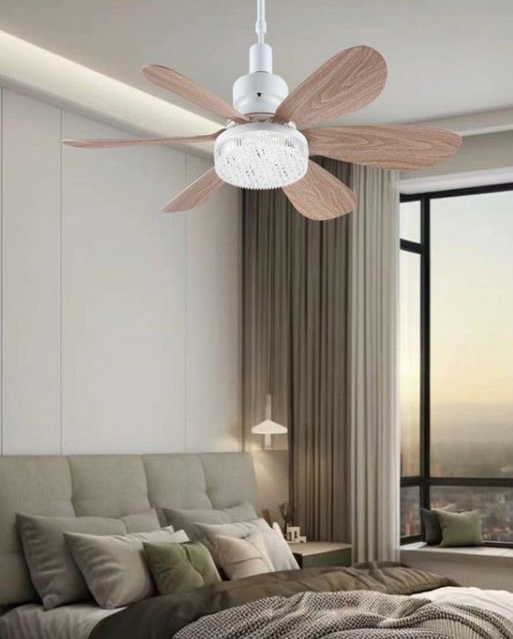 Ventilateur à cinq pales à visser E27 40W 52 cm pales en bois couvercle en cristal gradation continue avec télécommande-Olive Ventilateur à cinq pales à visser E27 40W 52 cm pales en bois couvercle en cristal gradation continue avec télécommande-Olive