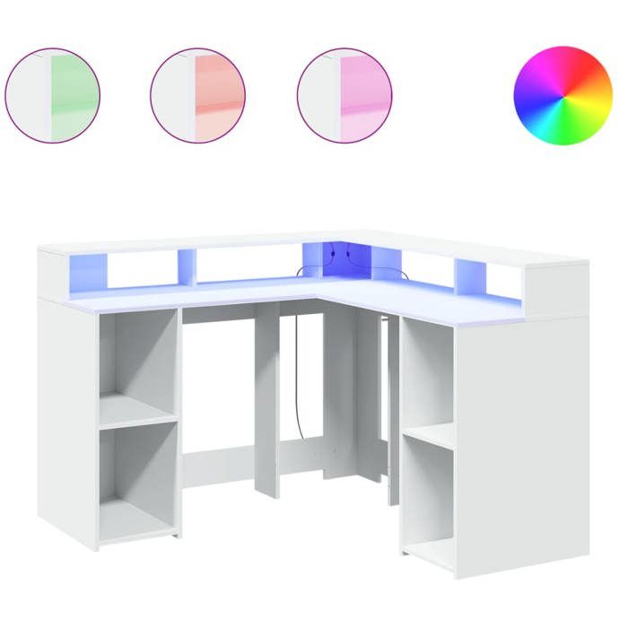 MGH - NEUF Bureau à domicile Table de travail avec lumières LED blanc 130x130x91 cm bois dingénierie ll851
