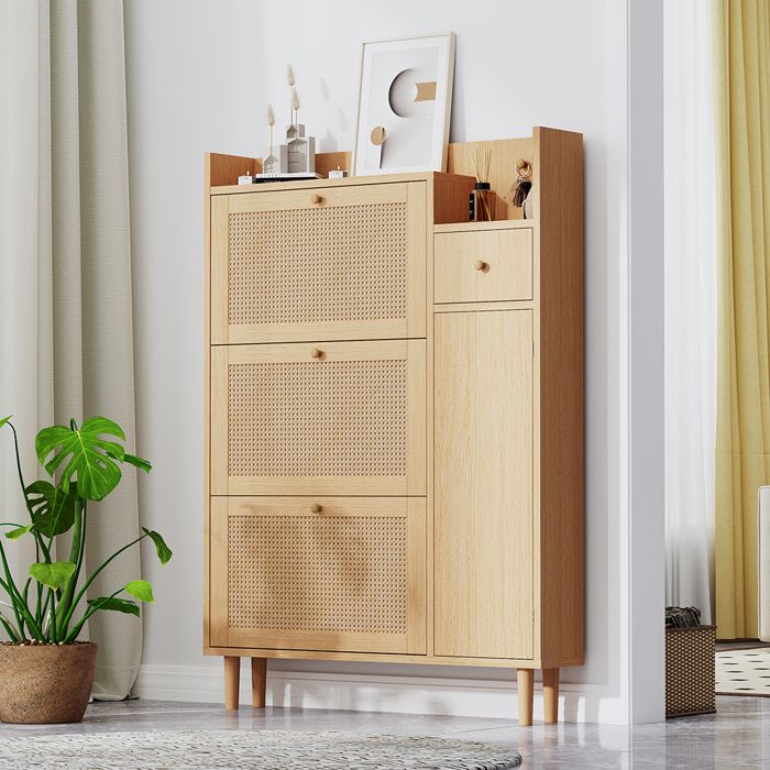 Meuble à chaussures 3 portes + 1 tiroir Bois de rattan Pour entrées étroites Naturel 90×125×17 cm
