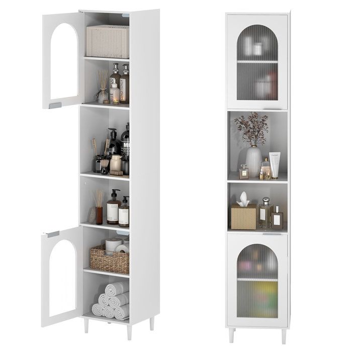 COSTWAY Meuble Colonne de Salle de Bain avec 2 Portes en Verre Trempé 2 Compartiments Ouverts Étagères Réglables 35x30x180cm