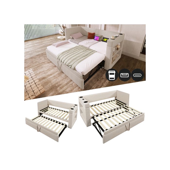Canapé lit 1 place 90x190 cm tissu lin-coton beige accoudoirs avec USB-C et porte-gobelets lit escamotable sans matelas