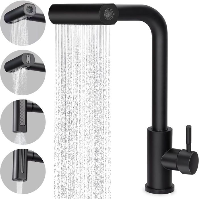 Robinet de Cuisine Noir avec Pulvérisateur Extractible Mitigeur de Cuisine Cascade en Acier Inoxe 4 Modes