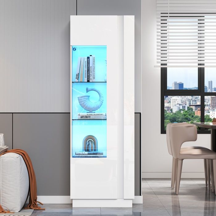 Vitrine haute brillance 60x40x180 cm- MODERNLUXE - LED - 1 porte acrylique - 3 étagères verre - Blanc