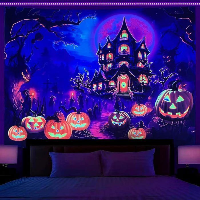 Tapisserie murale château lumière noire - 230x180 cm - Citrouille château psychédélique - Halloween Mult OBJET DE Multicolo TENTURE
