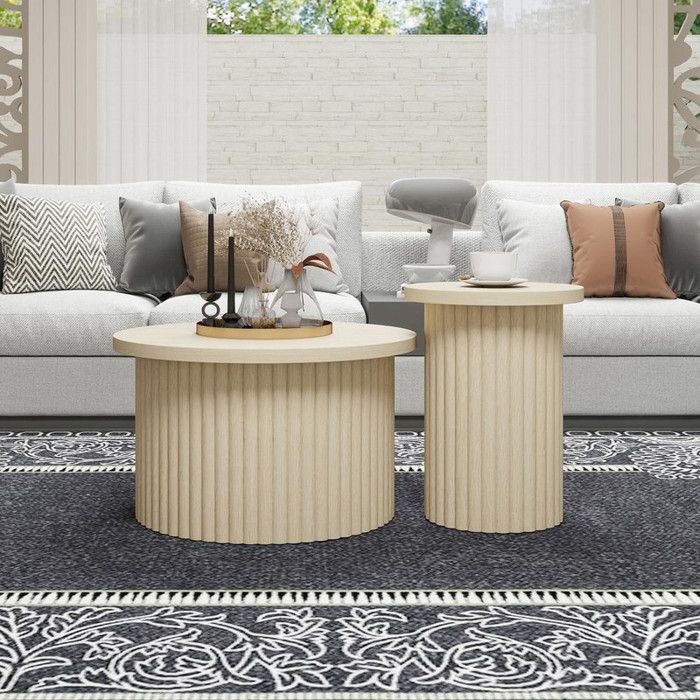 Lot de 2 table basse salon rondes aspect bois naturel et structure ondulée Table de salon intégrée idéale pour salon chambre
