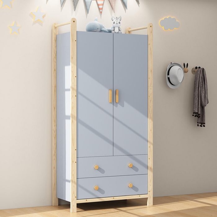Armoire bleu + pin 2 portes tringle à vêtements 2 tiroirs aggloméré pour chambre salon vestiaire