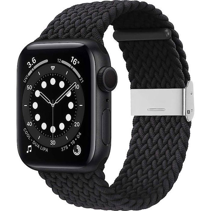 Stravo Bracelet montre nylon tressé compatible Apple Watch 38/40/41/42 mm Séries 1-11 et SE 1/2/3 – Élastique ajustable – Noir
