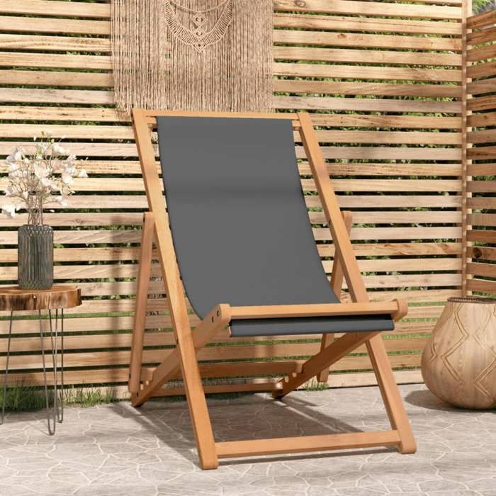 Chaise de plage pliable - vidaXL - Bois de teck - Gris - 56x105x96 cm - Hauteur dassise 40 cm - Largeur du tissu 45 cm
