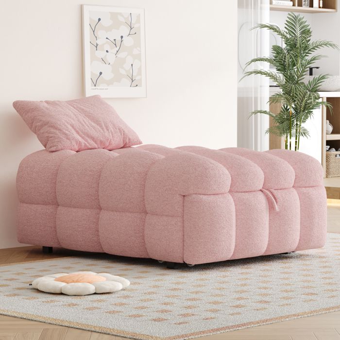 Lit rembourré pouf 2 en 1 canapé-lit gigogne lit simple lit bouffantTissu Teddy Rose