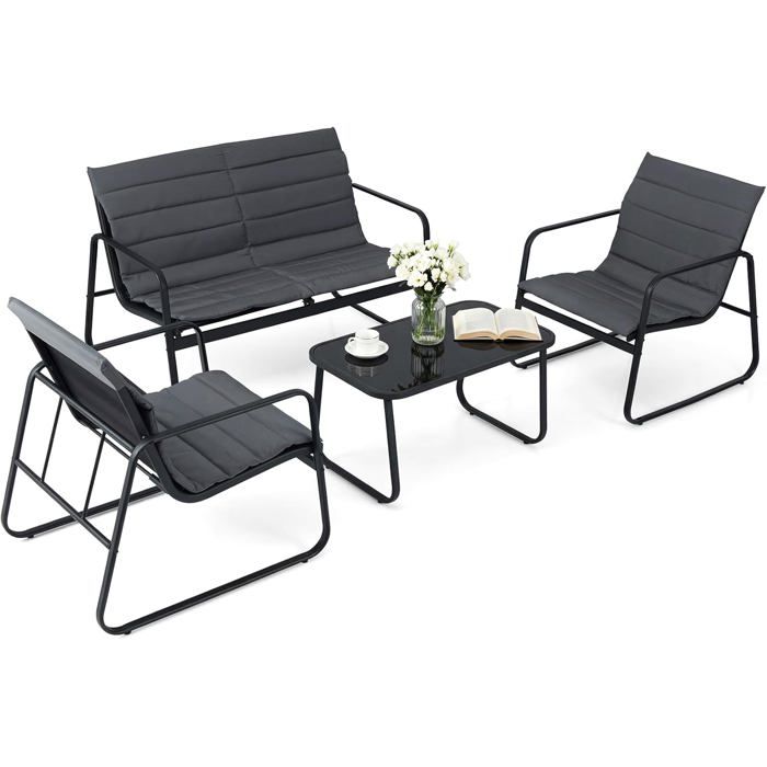 COSTWAY Ensemble 4 PCS Table et Chaises de Jardin Extérieur Intérieur Plateau en Verre Coussins Amovibles pour Patio Balcon Cour