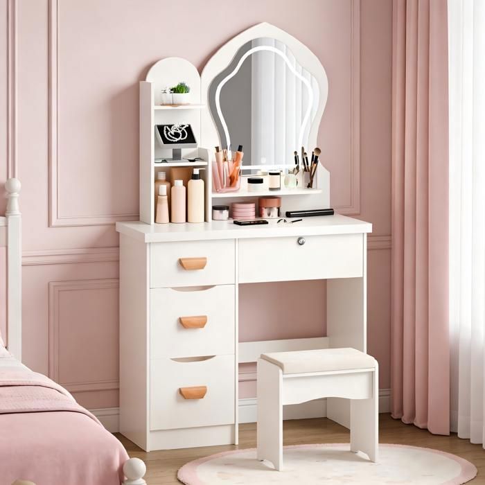 Coiffeuse - Table de Maquillage - FLASIDU - Miroir LED à Luminosité Réglable - 4 Tiroirs - Confortable Tabouret- 80*40*135cm- Blanc